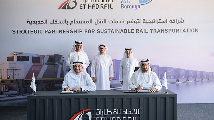 Theyab bin Mohamed bin Zayed witnesses the signing of a strategic partnership between Etihad Rail and Borouge