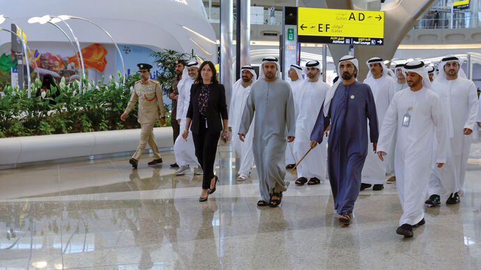 Mohammed bin Rashid visits Zayed International Airport and reviews advanced facilities and solutions serving passengers