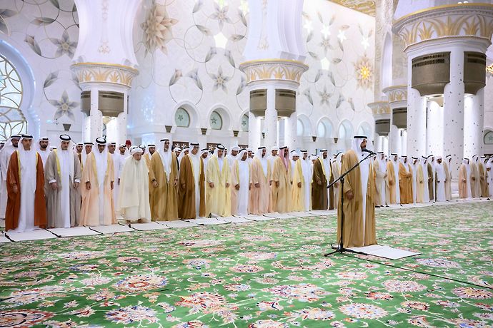 Their Highnesses perform Eid Al Fitr prayer at Sheikh Zayed Grand Mosque in Abu Dhabi