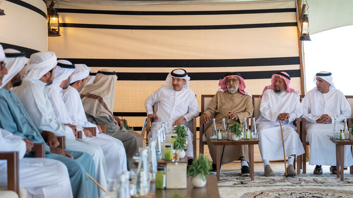 Hazza bin Zayed reviews Seih Sabra Camel Racing Track in Al Ain Region