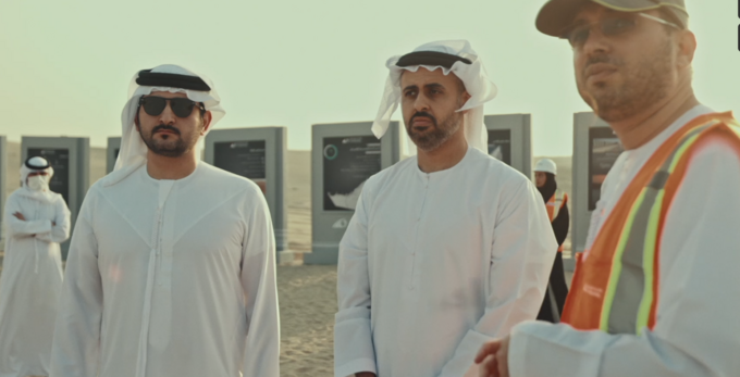 Maktoum bin Mohammed bin Rashid and Theyab bin Mohamed bin Zayed witness the connection of Abu Dhabi and Dubai with a direct railway within the “UAE National Rail Network”