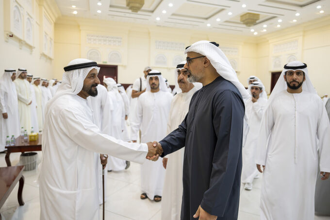 Ruler of Umm Al Quwain receives condolences from Crown Prince of Abu Dhabi on the passing of Sheikh Abdullah bin Ahmed bin Rashid Al Mualla