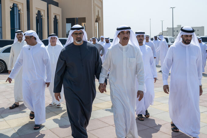 Ruler of Umm Al Quwain receives condolences from Crown Prince of Abu Dhabi on the passing of Sheikh Abdullah bin Ahmed bin Rashid Al Mualla