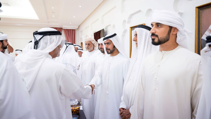 Khalifa bin Tahnoon bin Mohammed and Zayed bin Tahnoon bin Mohammed offer condolences on the passing of Abdullah Ali Qemzi’s wife