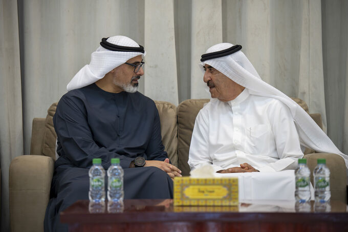 Ruler of Umm Al Quwain receives condolences from Crown Prince of Abu Dhabi on the passing of Sheikh Abdullah bin Ahmed bin Rashid Al Mualla