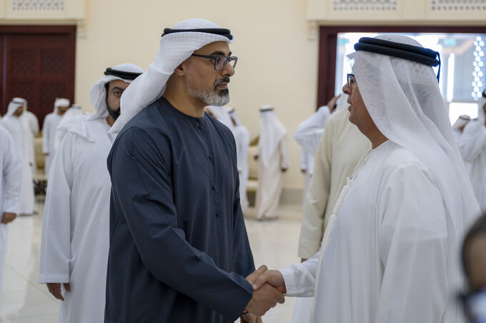 Ruler of Umm Al Quwain receives condolences from Crown Prince of Abu Dhabi on the passing of Sheikh Abdullah bin Ahmed bin Rashid Al Mualla