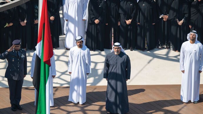 Khaled bin Mohamed bin Zayed raises UAE flag at Abu Dhabi Executive Office to mark Flag Day