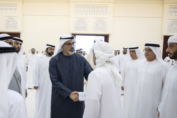 Ruler of Umm Al Quwain receives condolences from Crown Prince of Abu Dhabi on the passing of Sheikh Abdullah bin Ahmed bin Rashid Al Mualla