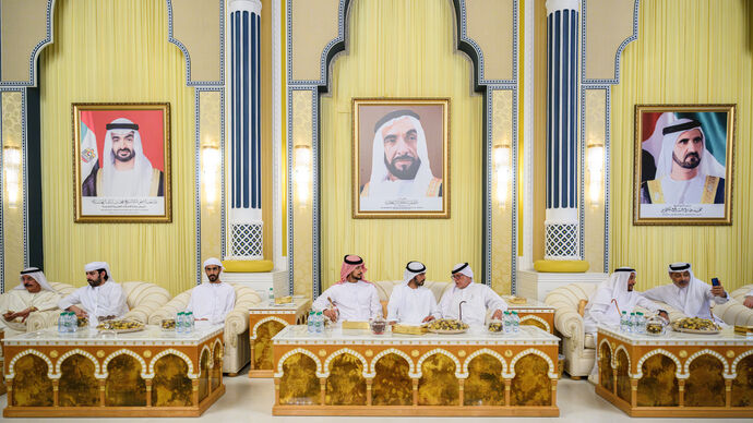 Khalifa bin Tahnoon bin Mohammed and Zayed bin Tahnoon bin Mohammed offer condolences on the passing of Saeed bin Ahmed Al Otaiba
