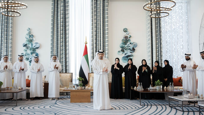 Hamdan bin Zayed receives top-performing 12th grade students in Al Dhafra Region