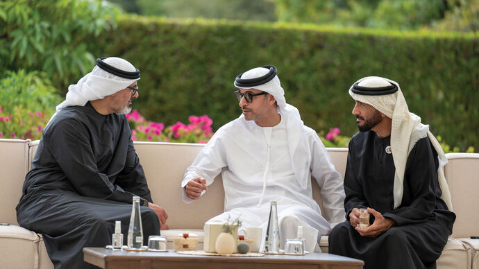 Hazza bin Zayed receives Khaled bin Mohamed bin Zayed at Al Maqam Palace in Al Ain Region